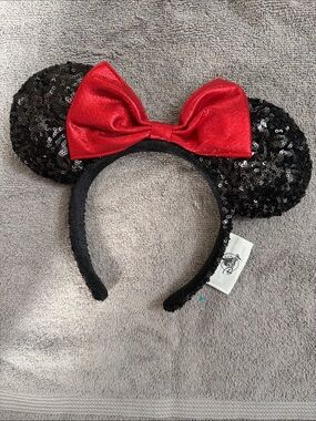 Disney Black Sequin Minnie Ears Headband with Red Bow